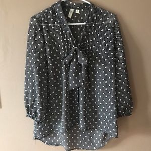 Shear polka dot button up blouse with tie